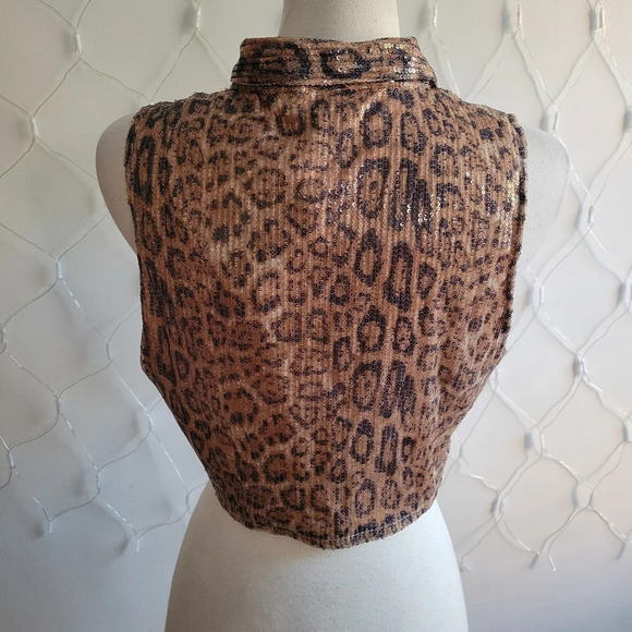 Leopard Print Collared Crop Top / Waist Tie / Sequined / Fits Small - Picture 5 of 6